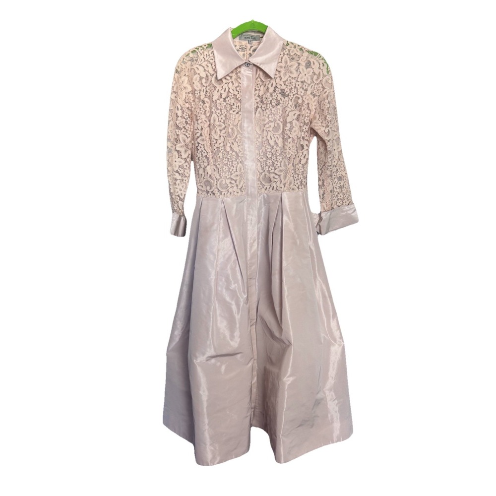 Rickie Freeman Teri Jon Lace Satin Fit Flare Dress Beige Nude Formal Midi‎ Sz 4